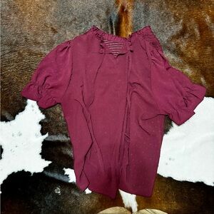 Maroon, short sleeve, high neck blouse, textured